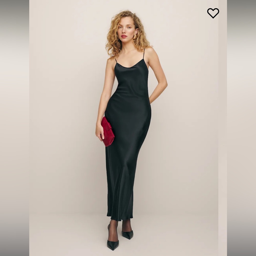 Reformation Black Satin Slip Dress with Burgundy Clutch